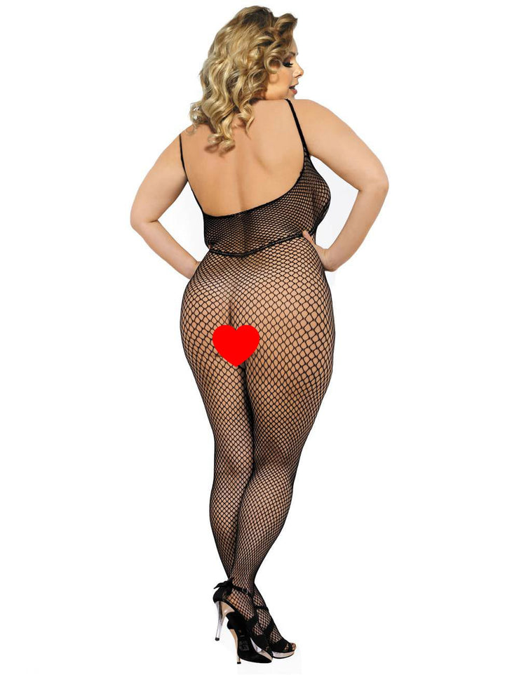 Grande Taille Catsuit dos nues resille Bodystockings Nylon ouvert