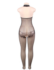Grande Taille Catsuit dos nues resille col roulé en dentelle Bodystockings