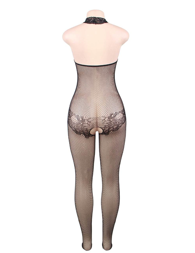Grande Taille Catsuit dos nues resille col roulé en dentelle Bodystockings