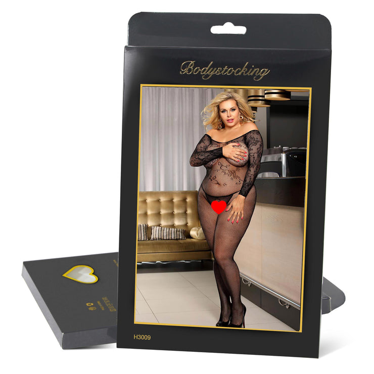 Grande Taille Catsuit dos nues resille floral Bodystockings