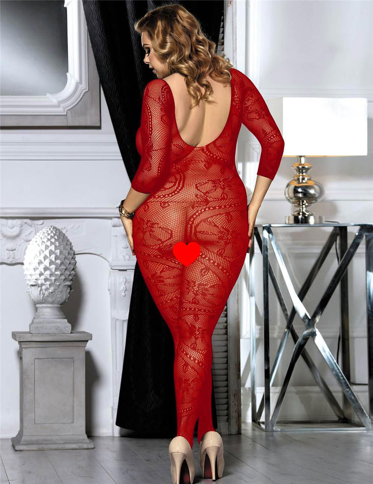 Grande Taille Catsuit Bodystockings Résille & Dentelle ouvert Floral Rouge