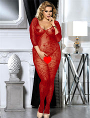 Grande Taille Catsuit Bodystockings Résille & Dentelle ouvert Floral Rouge