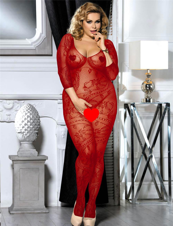 Grande Taille Catsuit Bodystockings Résille & Dentelle ouvert Floral Rouge