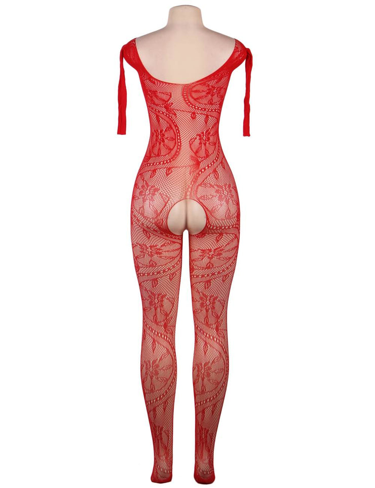 Catsuit Bodystockings Résille & Dentelle ouvert Floral Rouge