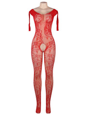 Catsuit Bodystockings Résille & Dentelle ouvert Floral Rouge