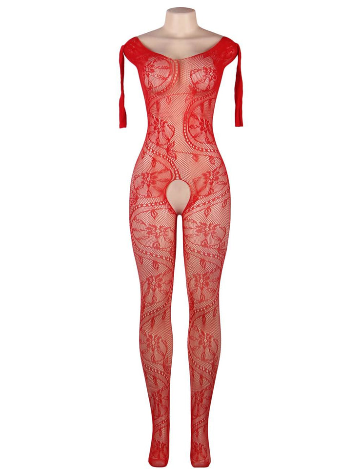 Grande Taille Catsuit Bodystockings Résille & Dentelle ouvert Floral Rouge