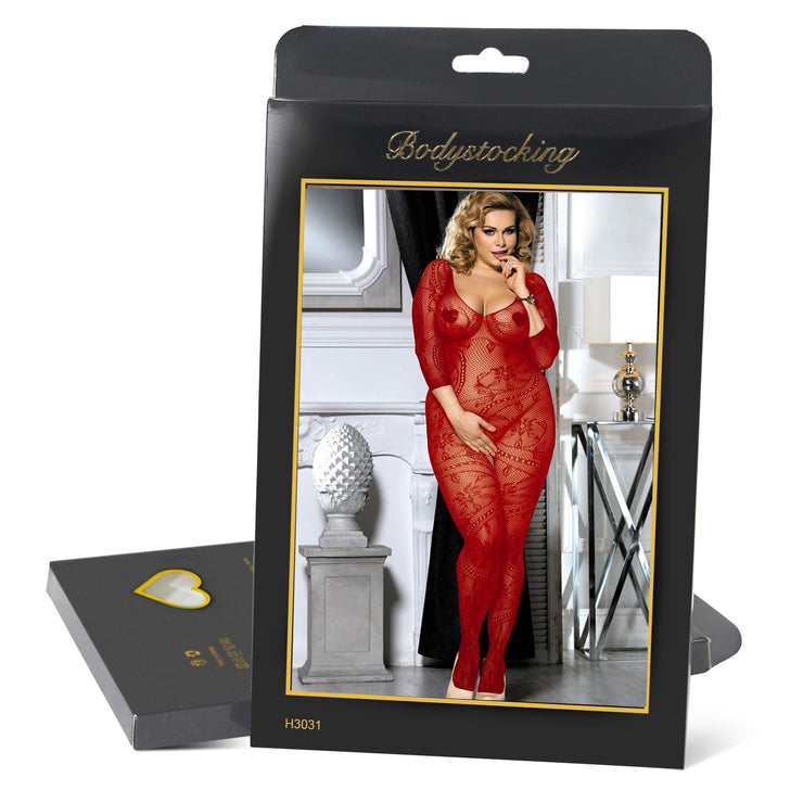 Grande Taille Catsuit Bodystockings Résille & Dentelle ouvert Floral Rouge