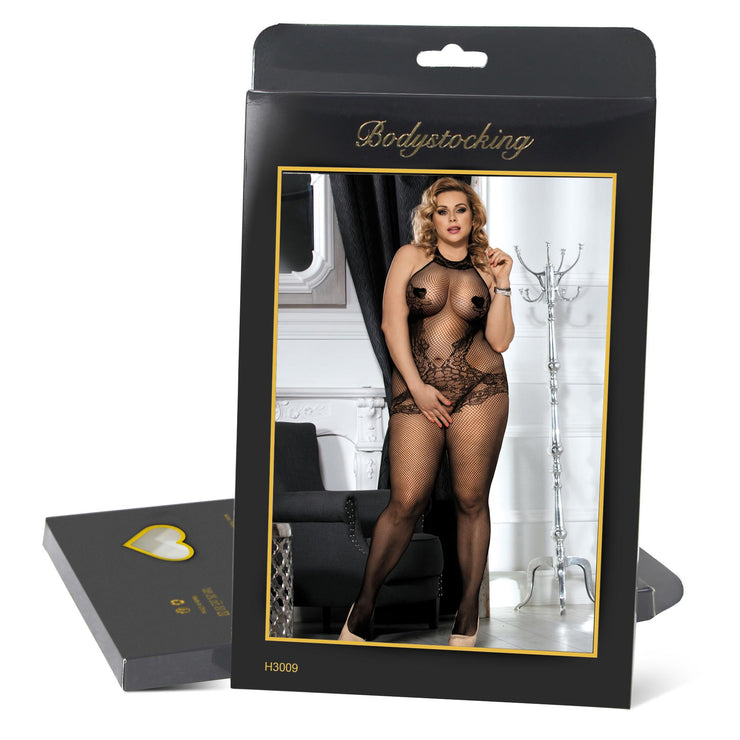 Grande Taille Catsuit dos nues resille col roulé en dentelle Bodystockings
