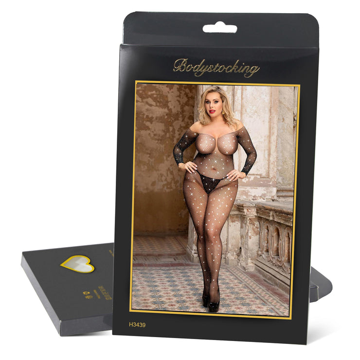 Grande Taille Catsuit Bodystockings Résille ouvert Diamonds