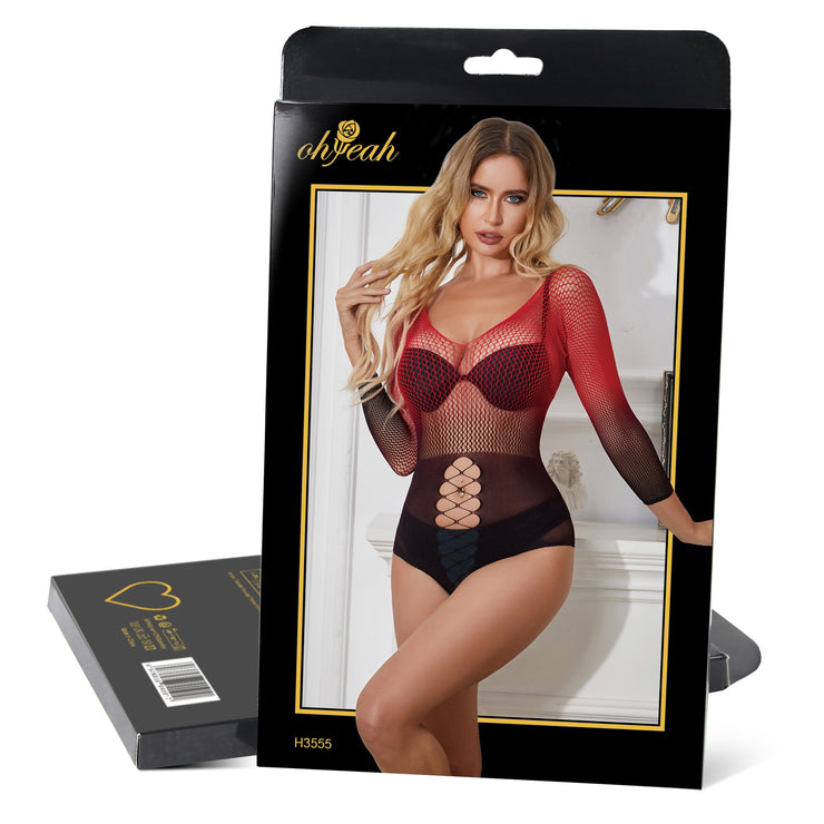Bodystocking Résille Extensible Dégradé Bicolore Noir Et Rouge