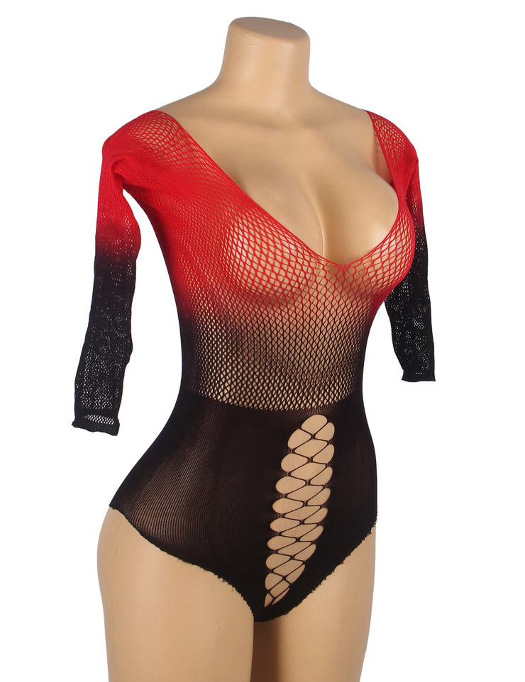 Bodystocking Résille Extensible Dégradé Bicolore Noir Et Rouge
