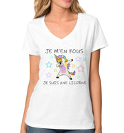 T-Shirt Femme Col V Licorne - je m'en fou je suis une licorne - Artist Deluxe
